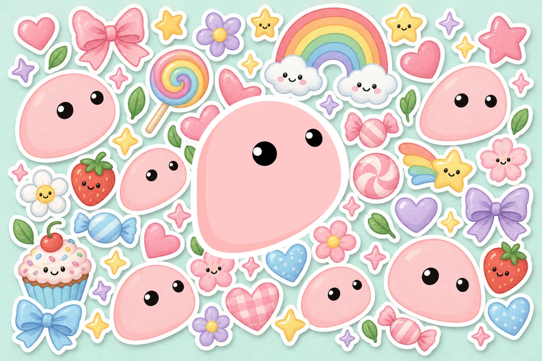 A collection of Winky stickers with hearts, stars, and sweets
